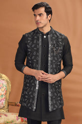 Black Silk Embroidery and Mirror Worked Jacket Kurta Set